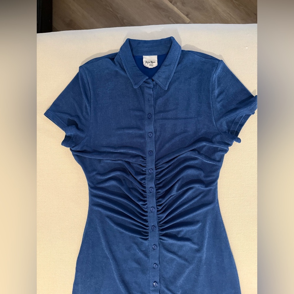 Blue Button-Up Collared Dress mini sparkly blue size L - Picture 3 of 4